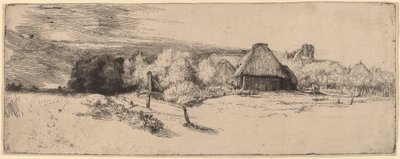Landschap met Bomen, Boerderijen en een Toren door Rembrandt van Rijn