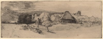 Landschap met bomen, boerderijen en een toren door Rembrandt van Rijn
