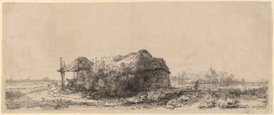 Landschap met een huisje en hooischuur: Oblong door Rembrandt van Rijn