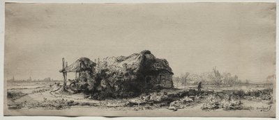 Landschap met een huisje en hooischuur: Oblong door Rembrandt van Rijn