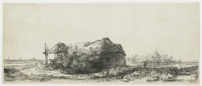 Landschap met een huisje en een hooischuur door Rembrandt van Rijn