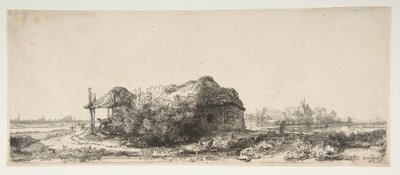 Landschap met een huisje en een hooischuur door Rembrandt van Rijn