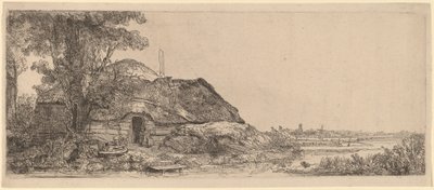 Landschap met een Huisje en een Grote Boom door Rembrandt van Rijn