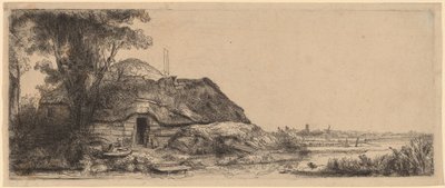Landschap met een huisje en een grote boom door Rembrandt van Rijn