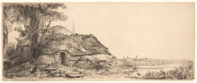 Landschap met een huisje en een grote boom door Rembrandt van Rijn