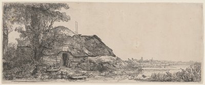 Landschap met een huisje en een grote boom door Rembrandt van Rijn