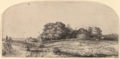 Landschap met hooischuur en een kudde schapen door Rembrandt van Rijn