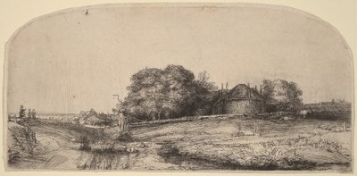 Landschap met een hooischuur en een kudde schapen door Rembrandt van Rijn
