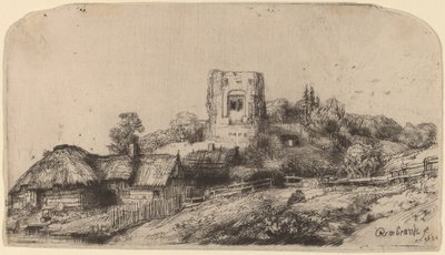 Landschap met een vierkante toren door Rembrandt van Rijn