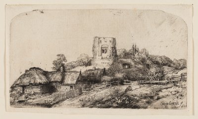 Landschap met een vierkante toren door Rembrandt van Rijn