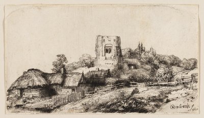 Landschap met een vierkante toren door Rembrandt van Rijn