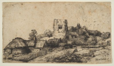 Landschap met een vierkante toren door Rembrandt van Rijn