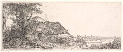 Landschap met een huisje en een grote boom door Rembrandt van Rijn