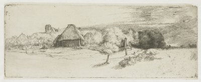 Landschap met een boerderijgebouw en het ‘huis met de toren’ door Rembrandt van Rijn