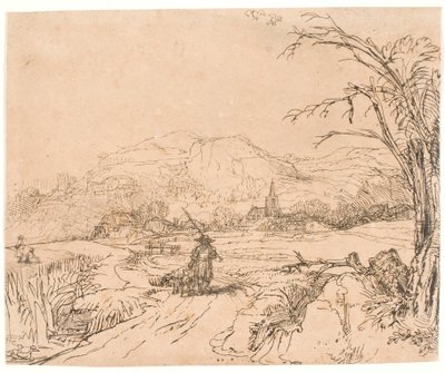 Landschap met een jager en honden door Rembrandt van Rijn