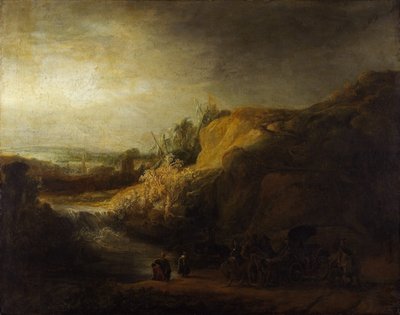 Landschap met de doop van de eunuch door Rembrandt van Rijn