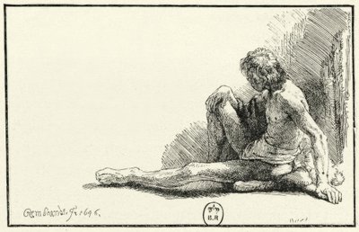 Mannelijk naakt, zittend op de grond door Rembrandt van Rijn