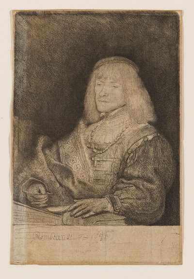 Man achter een bureau, met een kruisje aan een ketting door Rembrandt van Rijn