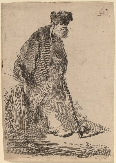 Man in een Jas en Bontmuts Leunend tegen een Oever door Rembrandt van Rijn