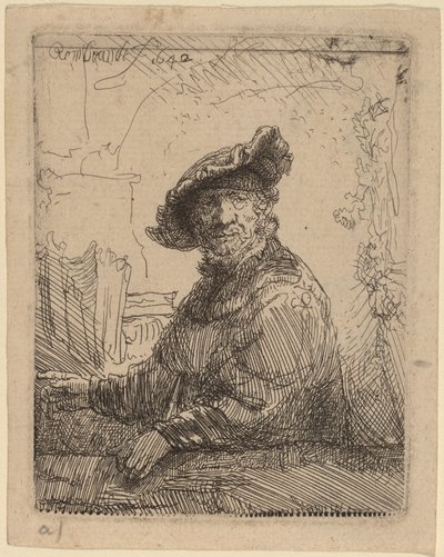 Man in een prieel door Rembrandt van Rijn