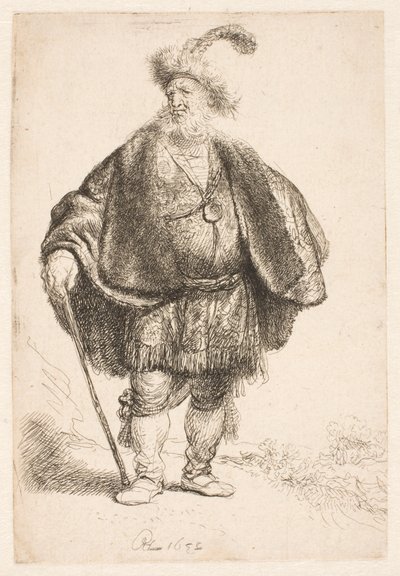 Man in oosterse klederdracht met een met veren versierde bontmuts door Rembrandt van Rijn