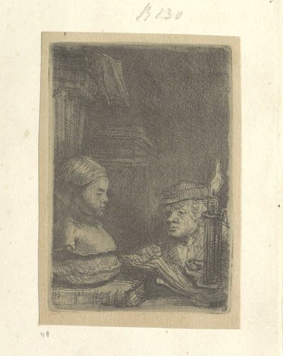 Man, tekenend naar een gipsmodel door Rembrandt van Rijn