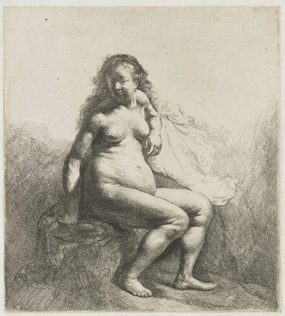 Naakte vrouw op een heuvel door Rembrandt van Rijn