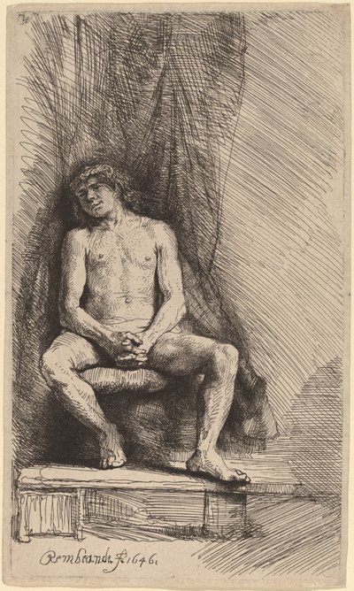 Naakte man zittend voor een gordijn door Rembrandt van Rijn