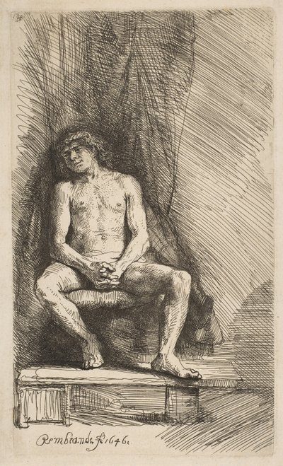Naakte Man Zittend voor een Gordijn door Rembrandt van Rijn