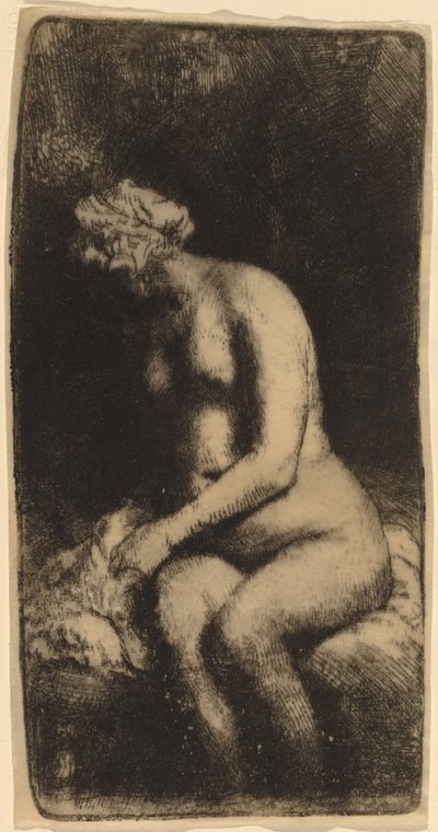 Naakt zittend op een bank met een kussen (Vrouw die haar voeten baadt in een beek) door Rembrandt van Rijn