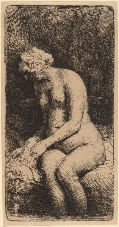 Naakt zittend op een bank met een kussen (Vrouw die haar voeten baadt in een beek) door Rembrandt van Rijn