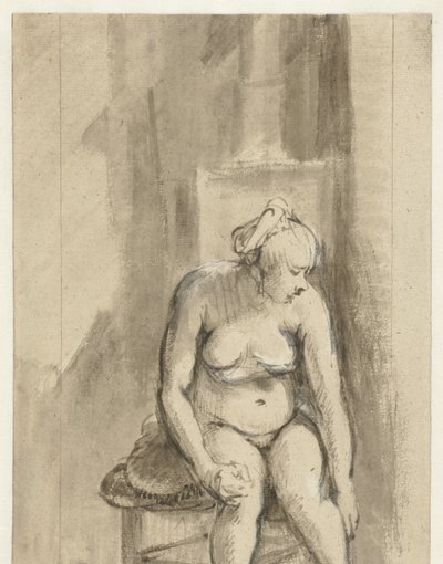 Naakte vrouw zittend bij een kachel door Rembrandt van Rijn
