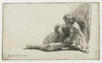 Naakte man zittend op de grond met een been uitgestrekt door Rembrandt van Rijn