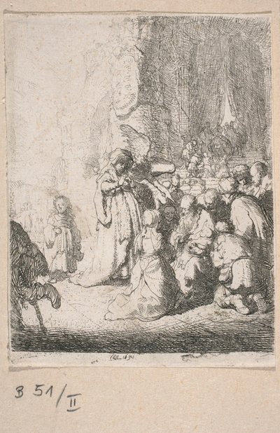 Offerande in de tempel met een engel (kleine plaat) door Rembrandt van Rijn