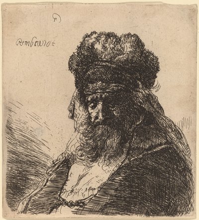 Oude bebaarde man met een hoge bontmuts, met gesloten ogen door Rembrandt van Rijn