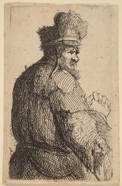 Oude man, van achteren gezien, in profiel naar rechts door Rembrandt van Rijn