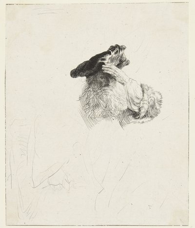 Oude man die met zijn hand zijn ogen afschermt door Rembrandt van Rijn