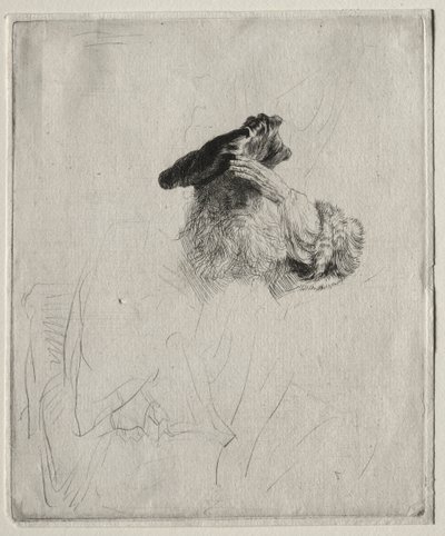 Oude man die zijn ogen met zijn hand afschermt door Rembrandt van Rijn