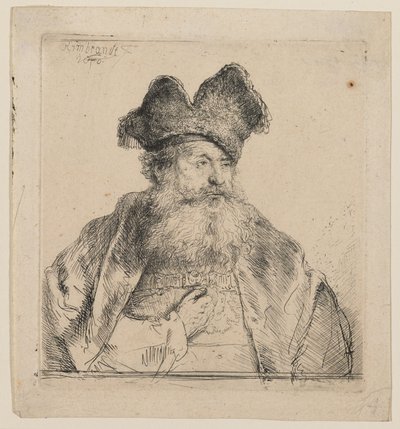 Oude man met een tweedelige bontmuts door Rembrandt van Rijn