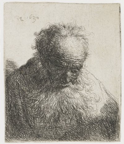 Oude man met een vloeiende baard, de linkerschouder onbeschaduwd door Rembrandt van Rijn