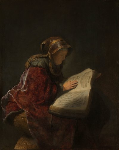 Oude vrouw die leest, waarschijnlijk de profetes Anna door Rembrandt van Rijn