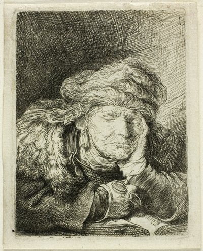 Slapende oude vrouw door Rembrandt van Rijn