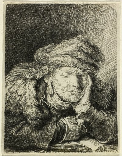 Oude Vrouw Slapend door Rembrandt van Rijn