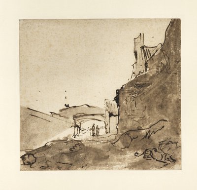 Buitenwijken van een stad met muren en een deur, c.1627-28 door Rembrandt van Rijn