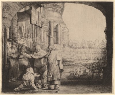 Petrus en Johannes genezen de kreupele bij de tempelpoort door Rembrandt van Rijn