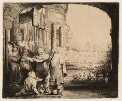 Petrus en Johannes genezen de kreupele bij de tempelpoort door Rembrandt van Rijn