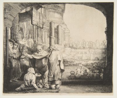 Petrus en Johannes genezen de kreupele bij de tempelpoort door Rembrandt van Rijn