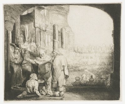 Petrus en Johannes genezen de kreupele bij de tempelpoort door Rembrandt van Rijn