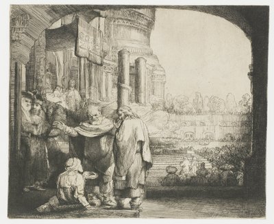Petrus en Johannes genezen de kreupele bij de tempelpoort door Rembrandt van Rijn