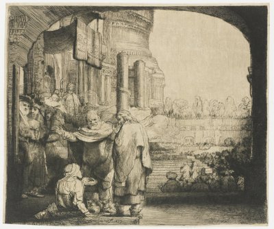 Petrus en Johannes genezen de kreupele bij de poort van de tempel door Rembrandt van Rijn